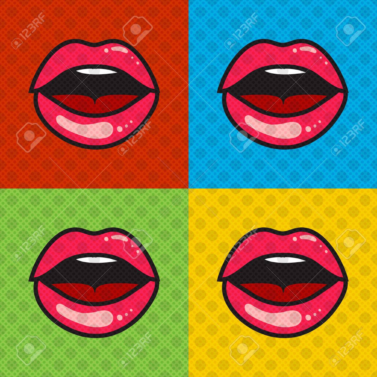 舌と歯と赤いセクシーな唇を開いた ポップアート スタイル ポスター 驚いて開いた口 光沢のある濡れた唇 ベクトル イラスト Eps 10のイラスト素材 ベクタ Image