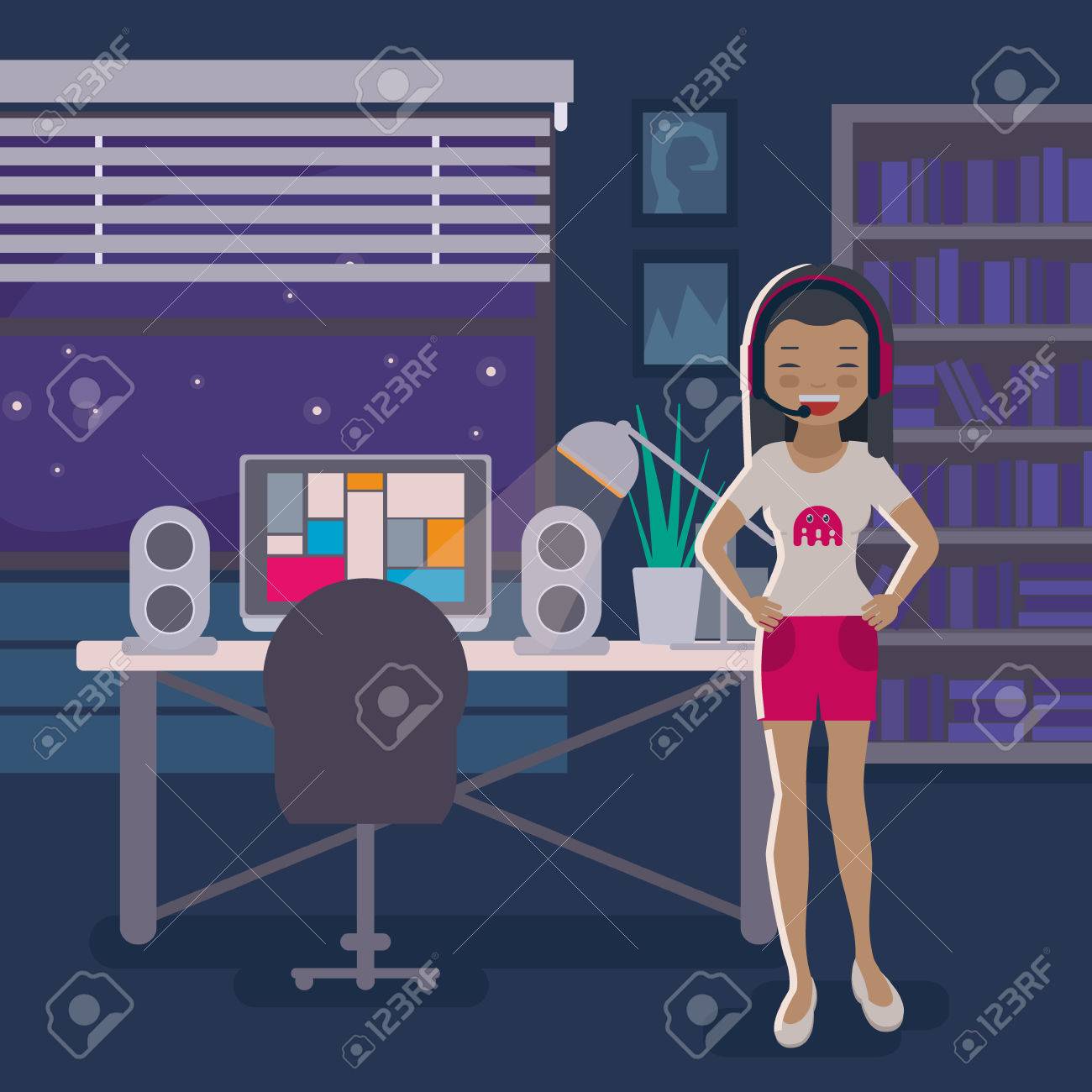 リビング ルームの背景にアジアのゲーマーの女の子 ヘッドセットでゲーマーの女の子 フラット スタイルのベクトル図です フリーランサーのキャビネット ストリーマー職場 アジアの女の子の部屋 のイラスト素材 ベクタ Image