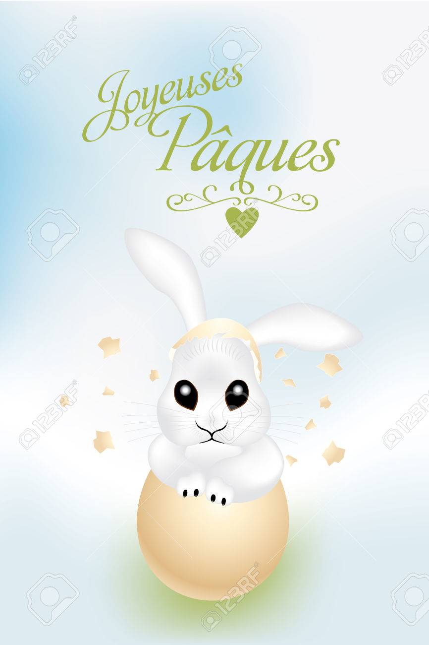 壊れた卵の殻とフランス語の書道テキスト イラストかわいいウサギとフランス語イースター カードのイラスト素材 ベクタ Image