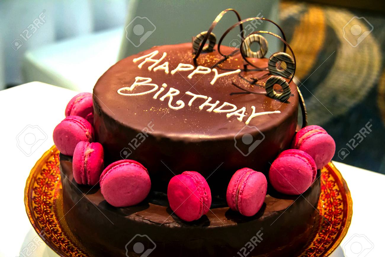 Beautifully Decorated A Festive Chocolate Cake With The Inscription Happy Birthday Stock Photo Picture And Royalty Free Image Image