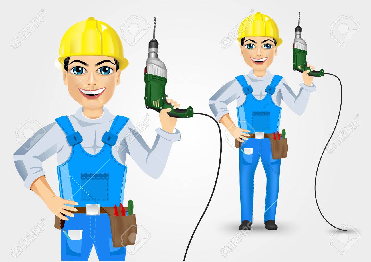 技術 電気技師 またはメカニック電気ドリルを保持 分離の白い背景の上のイラスト のイラスト素材 ベクタ Image