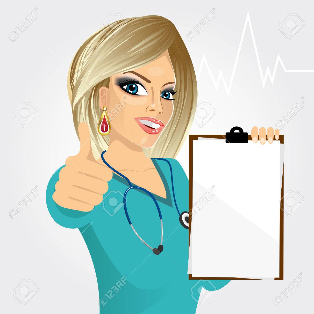 blonde nurse or female doctor holding a blank medical clipboard