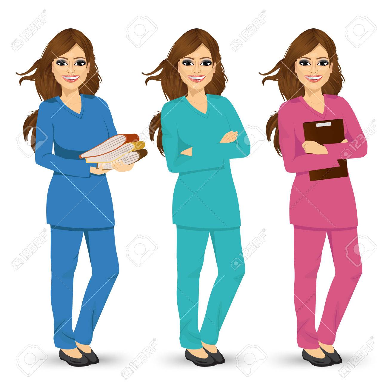 Attractive Friendly Brunette Nurse Posing In Three Different Color Scrubs  Uniform Isolated On White Background Royalty Free SVG, Cliparts, Vectors,  and Stock Illustration. Image 48755382., image size:1300x1300