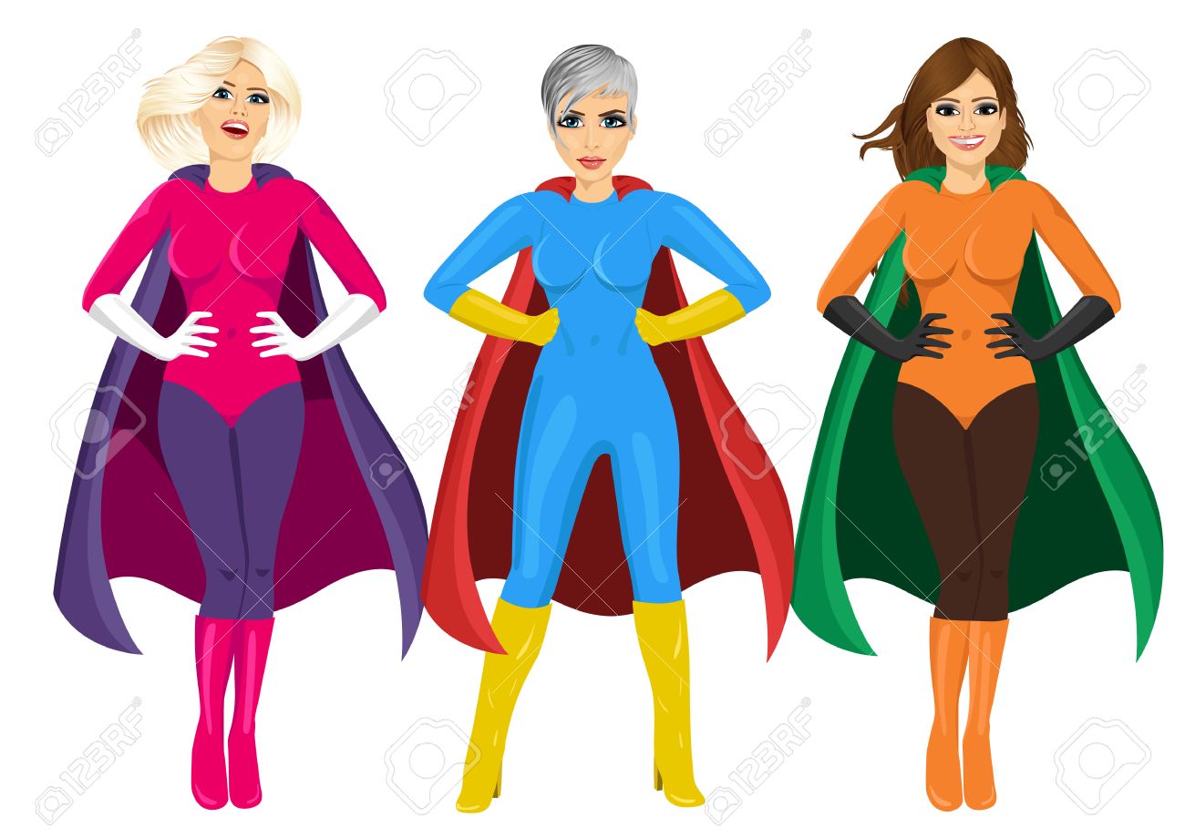 Three Beautiful Girls In Superhero Costume Standing With Hands On Hips Isolated Over White Background Royalty Free Cliparts Vectors And Stock Illustration Image