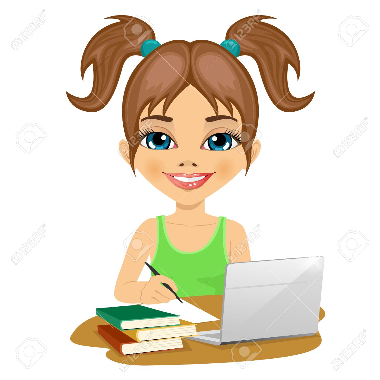 ラップトップ 白い背景で隔離の机の上の本と宿題をかわいい女子高生のイラスト素材 ベクタ Image