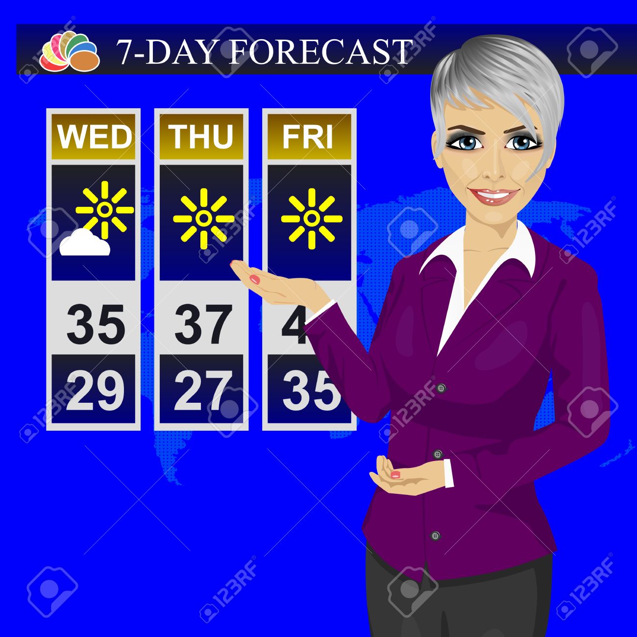 TV Weather News Reporter Meteorologist Anchorwoman Reporting On The Monitor Screen Stock Vector TV Weather News Reporter Meteorologist Anchorwoman Reporting On The Monitor Screen Stock Vector