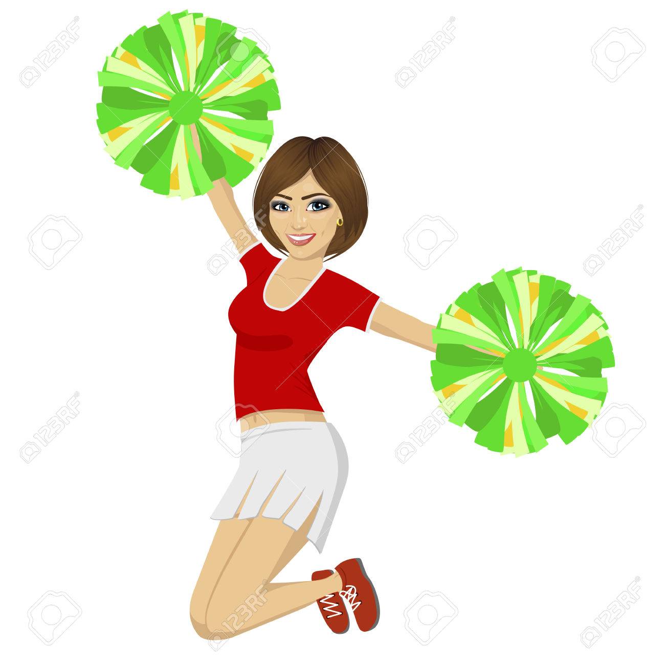 Young Beautiful Cheerleader Girl Jumping With Pom Poms Wearing Royalty Free Cliparts Vectors And Stock Illustration Image