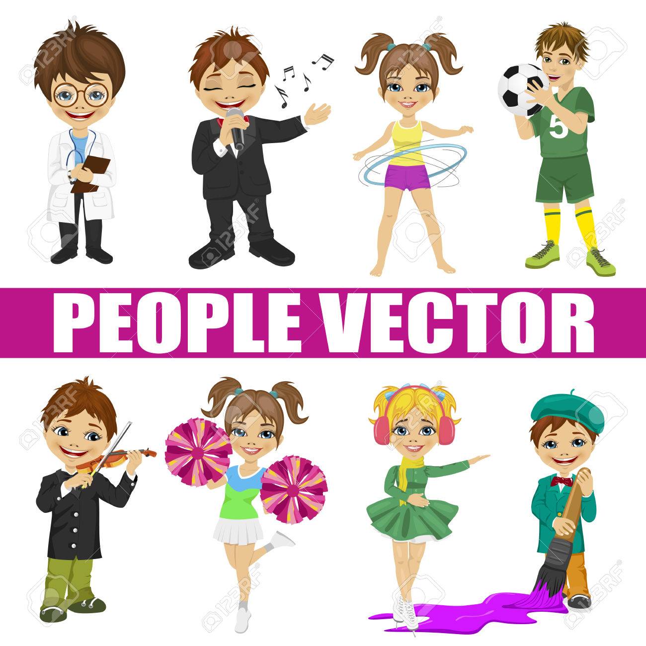 set of diverse kids doctor singer soccer player fitness