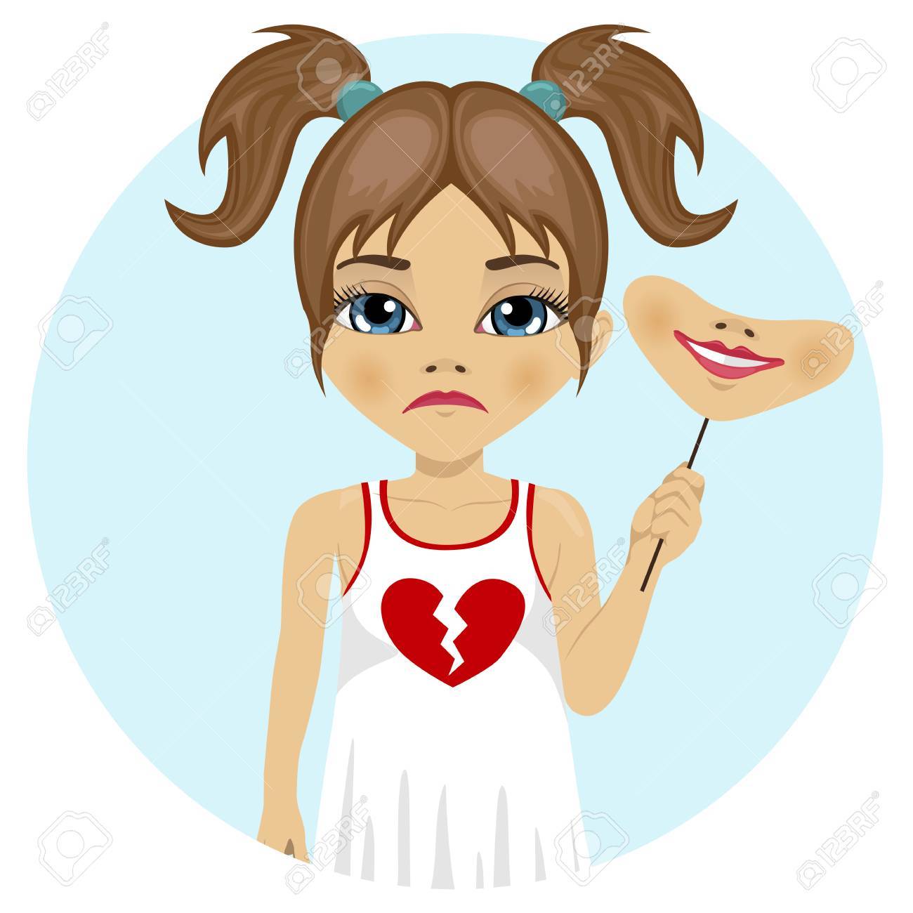 Trauriges Kleines Mädchen, Das Maske Des Glücklichen Gesichtes In Ihrer  Hand Mit Defektem Herzen Auf Ihrem Kleid Hält Lizenzfreie Fotos, Bilder Und  Stock Fotografie. Image 72263231.