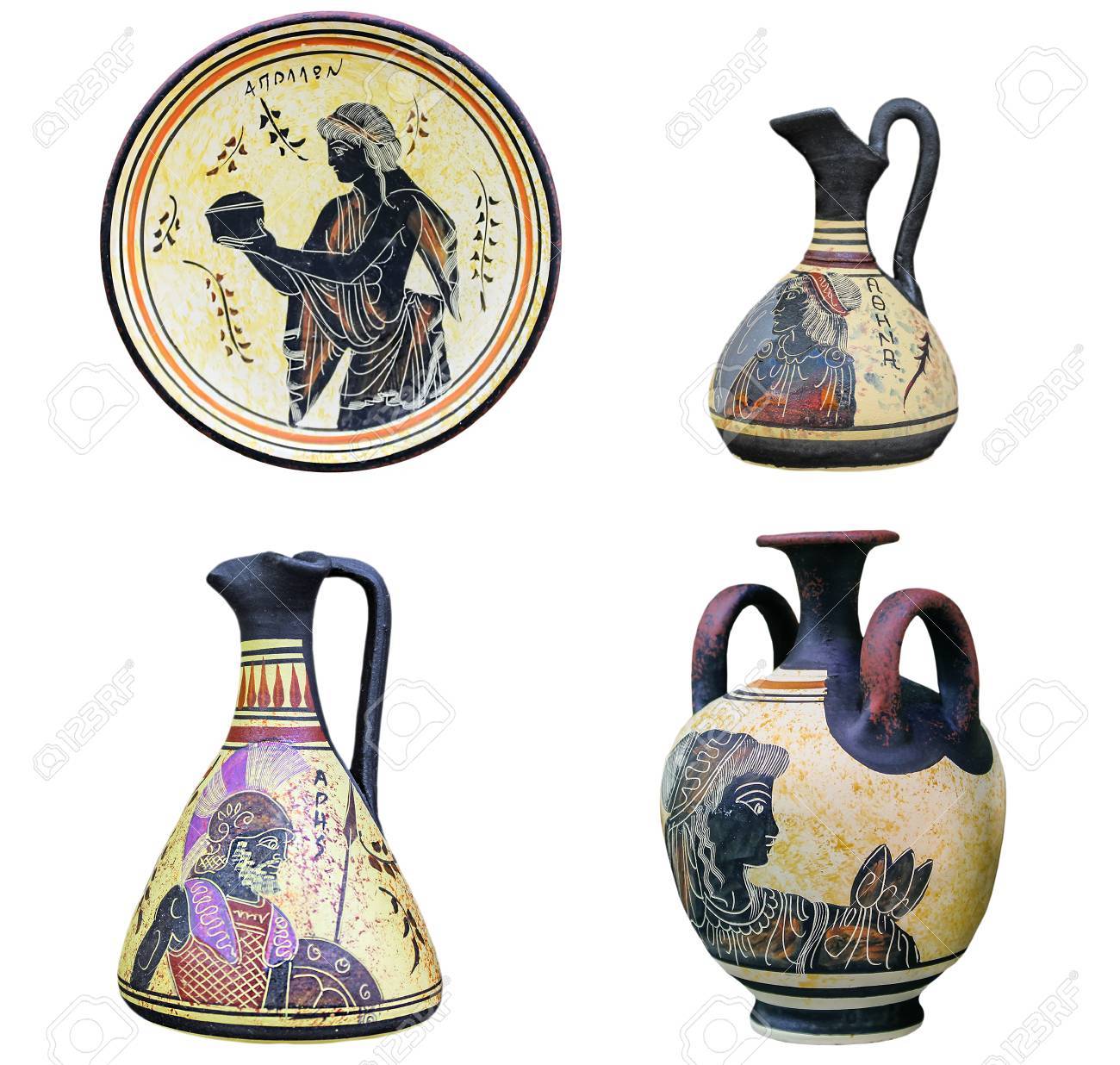 Ensemble De Trois Vases Grecques Antiques Et Plat Isole Sur Fond