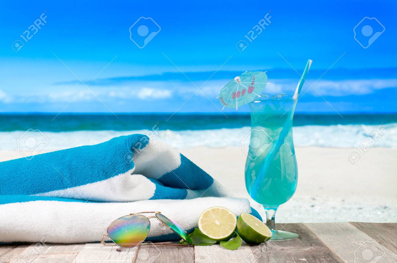 Summer Vacation On The Seashore Glass Of Fresh Cocktail Towel