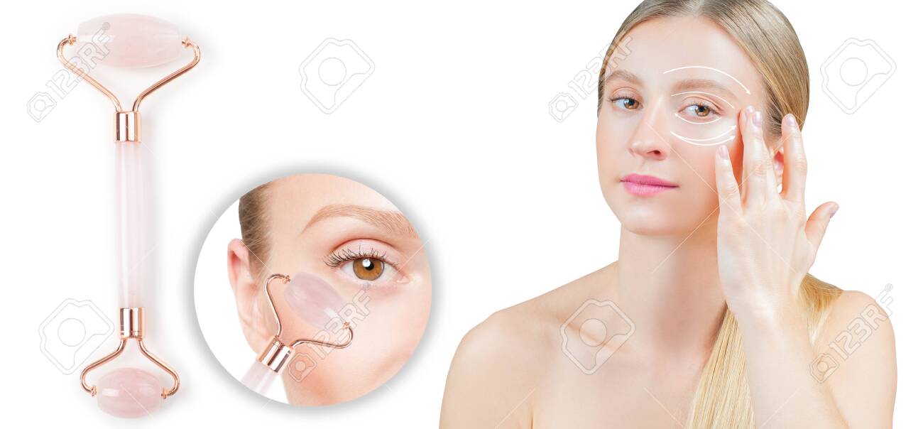 Anti-aging treatment wrinkles under eye with jade roller. Woman with perfect skin of her face after massage. - 135843331 Anti-aging treatment wrinkles under eye with jade roller. Woman with perfect skin of her face after massage. - 135843331