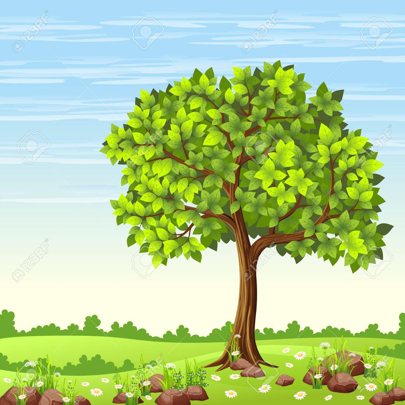 木と花の夏の風景のイラスト素材 ベクタ Image