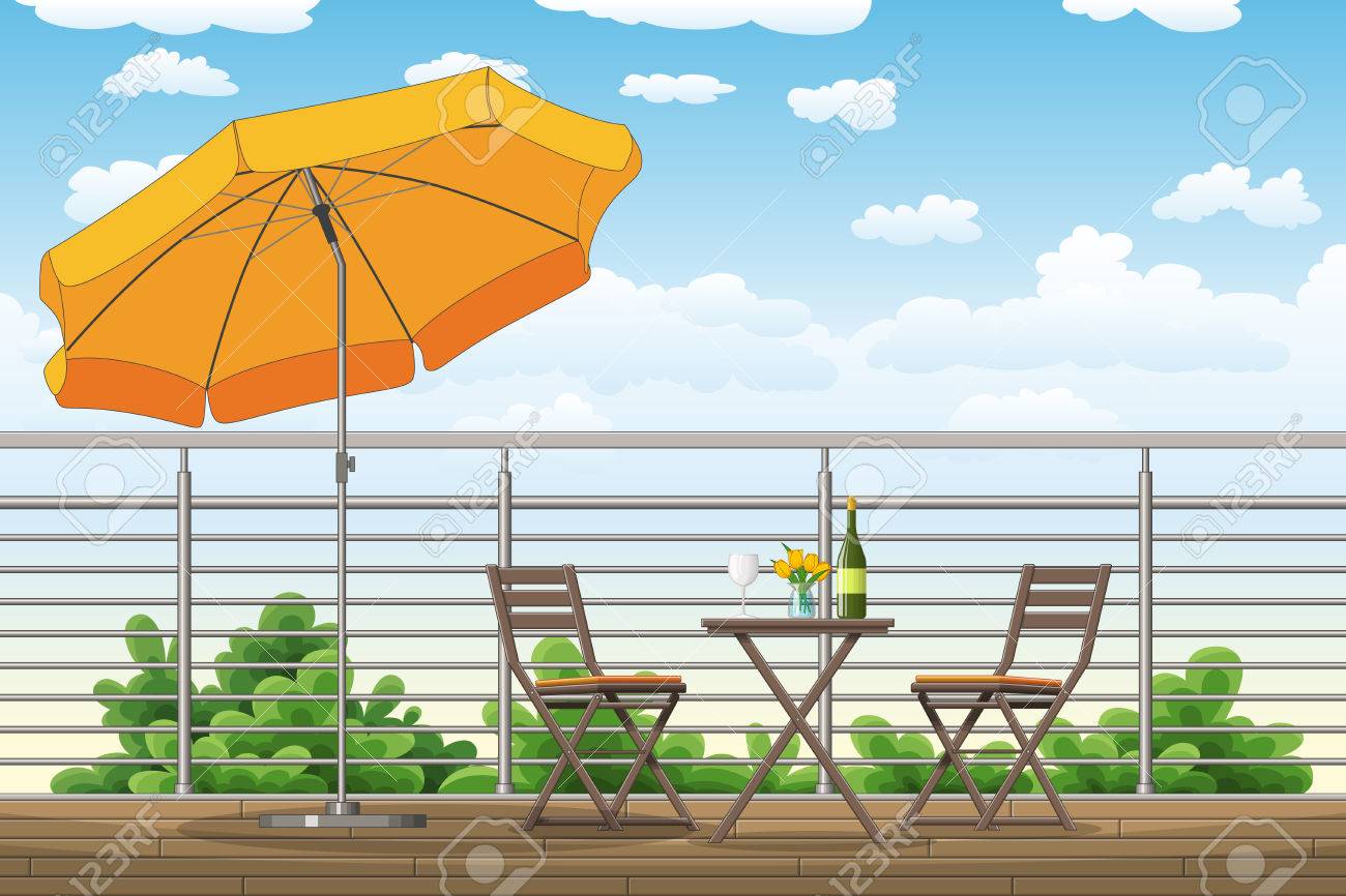 バルコニー テーブルと椅子のあるテラスのイラストのイラスト素材 ベクタ Image