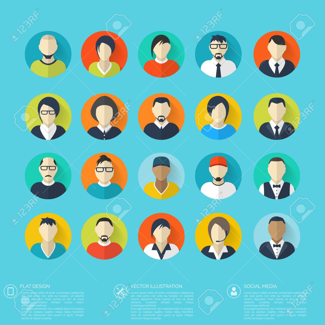 フラットのアバター アイコン ビジネス コンセプトは グローバルなコミュニケーション Web サイトのユーザー プロファイル 社会的なメディア ネットワーク要素 のイラスト素材 ベクタ Image