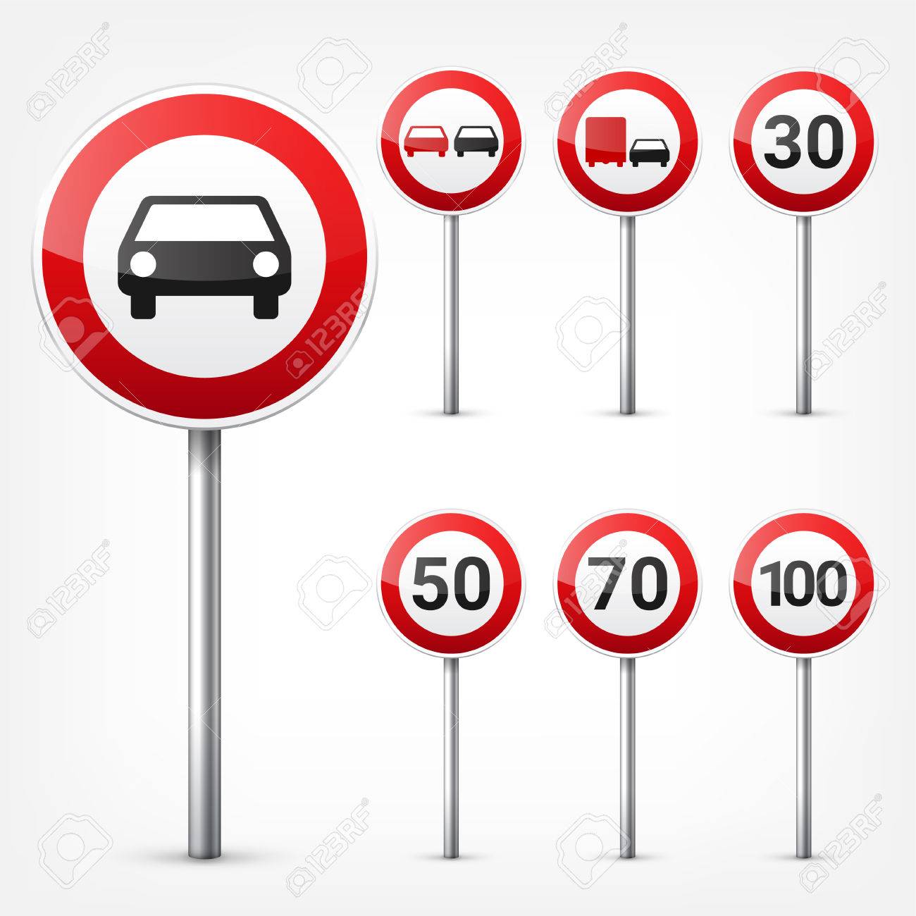 道路標識 白い背景で隔離のコレクションです 交通規制 車線の利用状況 停止し 降伏 規制標識 制限速度 のイラスト素材 ベクタ Image