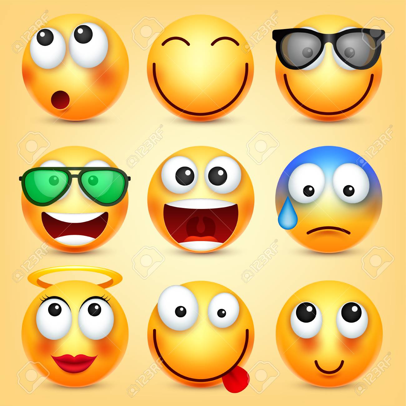 絵文字 顔文字を設定します 感情と黄色の顔 顔の表情 3 D のリアルな絵文字 面白い漫画のキャラクター 気分 Web アイコン ベクトルの図 のイラスト素材 ベクタ Image 5069