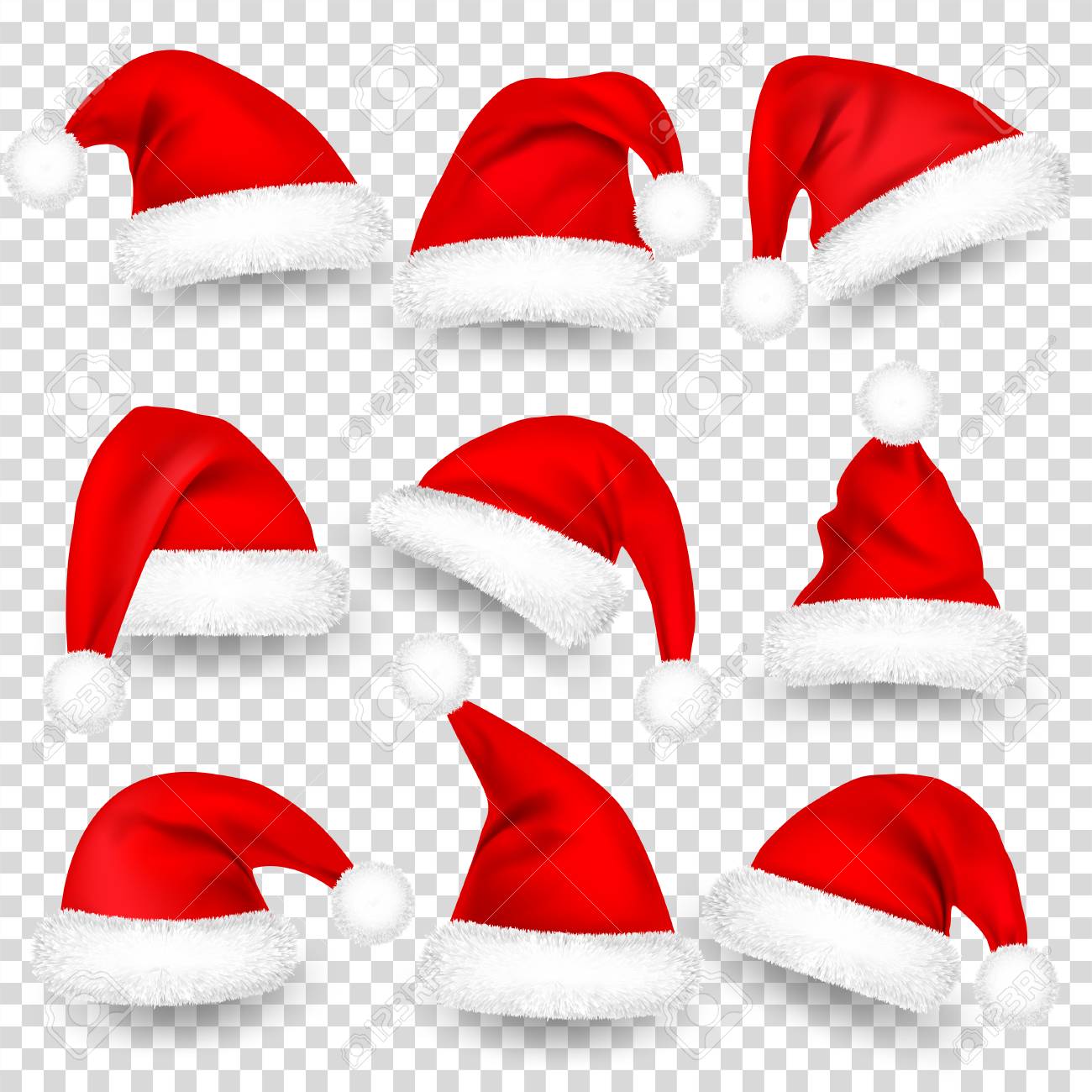 Christmas Santa Hats With Fur and Shadow Set. New Year Red Hat Isolated on Transparent Background. Winter Cap. Vector illustration. - 115591119 Christmas Santa Hats With Fur and Shadow Set. New Year Red Hat Isolated on Transparent Background. Winter Cap. Vector illustration. - 115591119