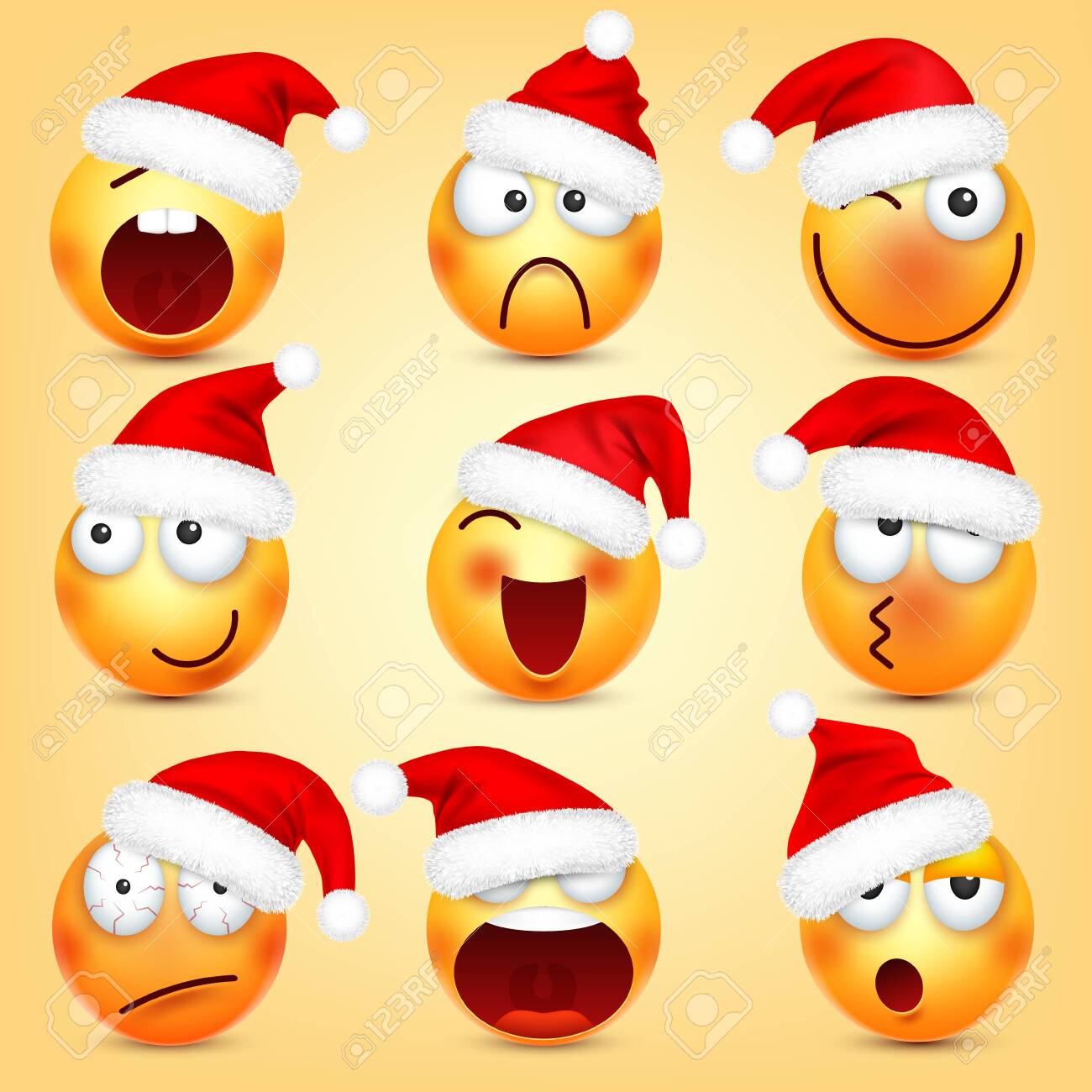 Emoticon Vector Set. Yellow Face With Emotions And Christmas Hat. New Year,  Santa. Winter Emoji. Sad, Happy, Angry Faces. Funny Cartoon Character Mood  Royalty Free SVG, Cliparts, Vectors, and Stock Illustration. Image, image size:1300x1300