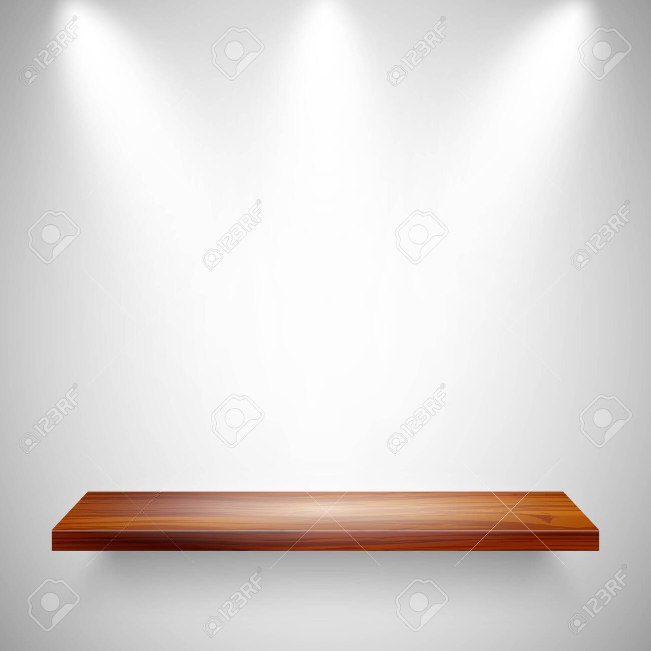 Illuminated Realistic Wooden Wall Shelf Empty Store Rack Studio Royalty Free Cliparts Vectors And Stock Illustration Image