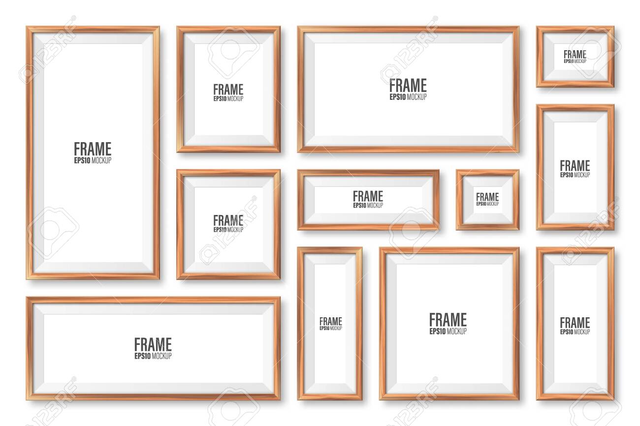 Realistic Blank Wooden Picture Frames Collection. Modern Poster Mockup.  Empty Photo Frame With Texture Of Wood. Art Gallery. Vector Illustration.  Клипарты, SVG, векторы, и Набор Иллюстраций Без Оплаты Отчислений. Image  140289442
