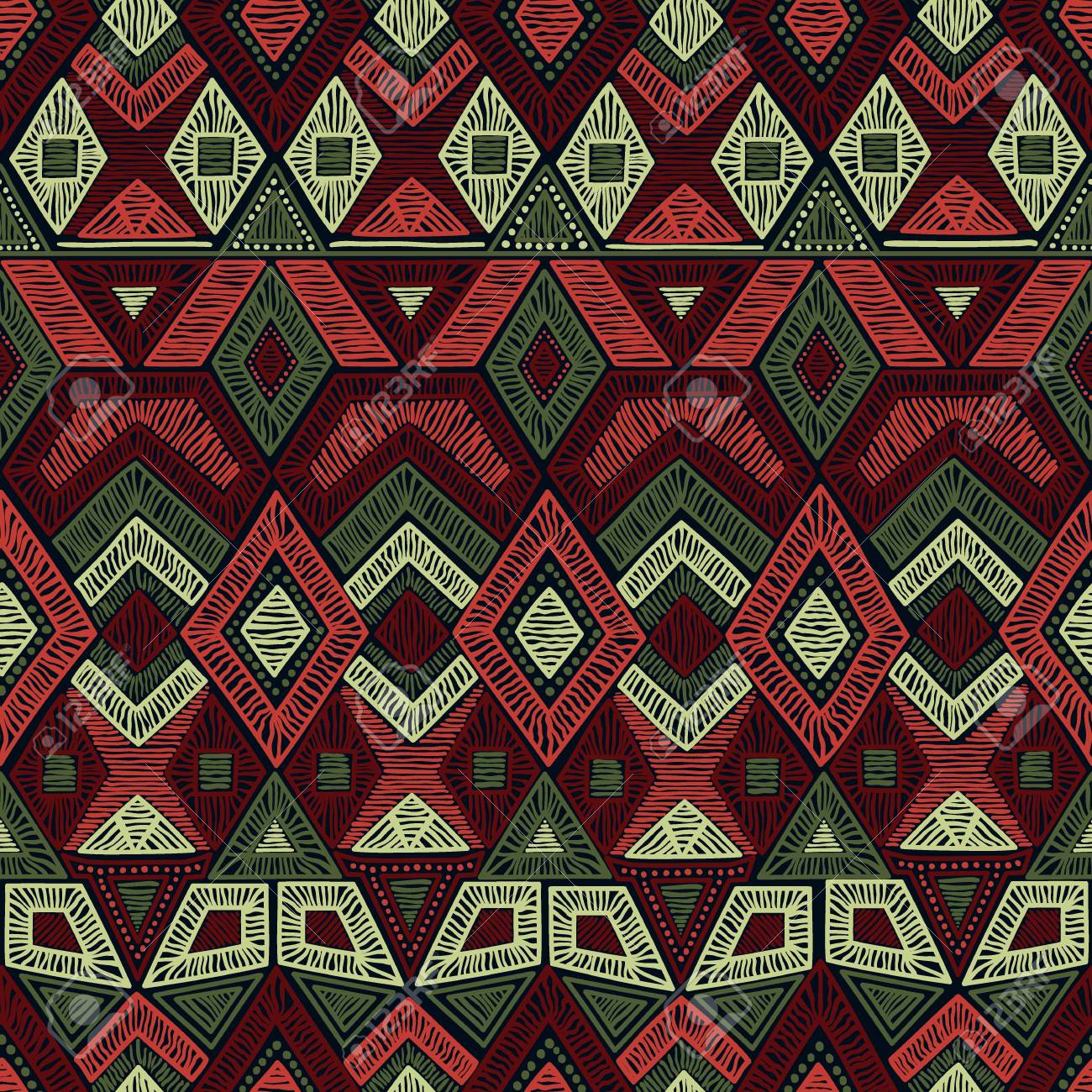 Disegno Geometrico Senza Soluzione Di Continuità Nero Rosso Verde E Bianco I Colori Illustrazione Vettoriale Bohemian Stampa Per Il Tessile