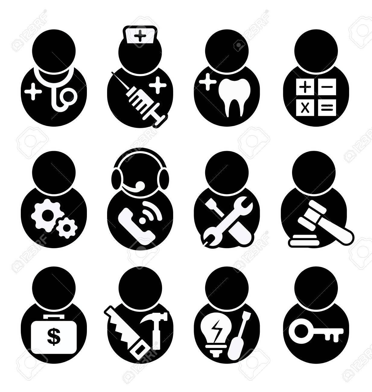 職業アイコンを設定 職業アイコン シンボル ベクトル 医師 看護師 歯科医師 会計士 エンジニア コール センター 技術者 弁護士 投資家 弁護士 投資家 大工 電気技師 鍵屋のイラスト素材 ベクタ Image
