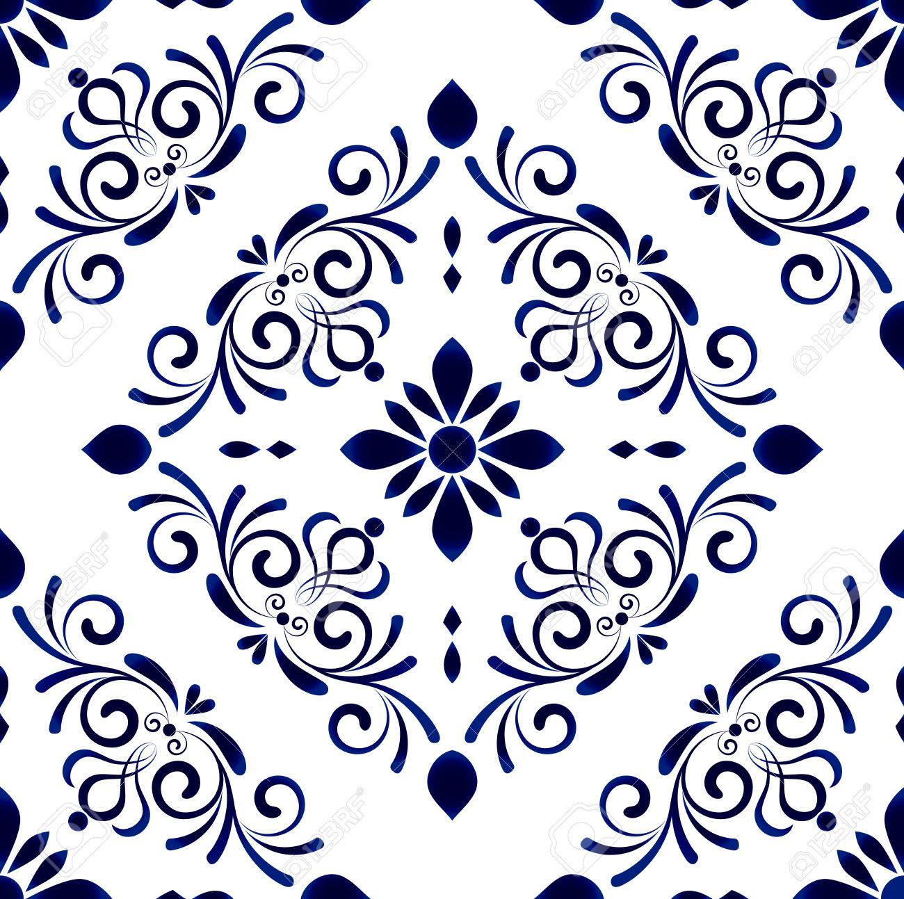 バロック様式の壁紙花の背景、花飾り、青と白の花瓶、簡単な装飾芸術