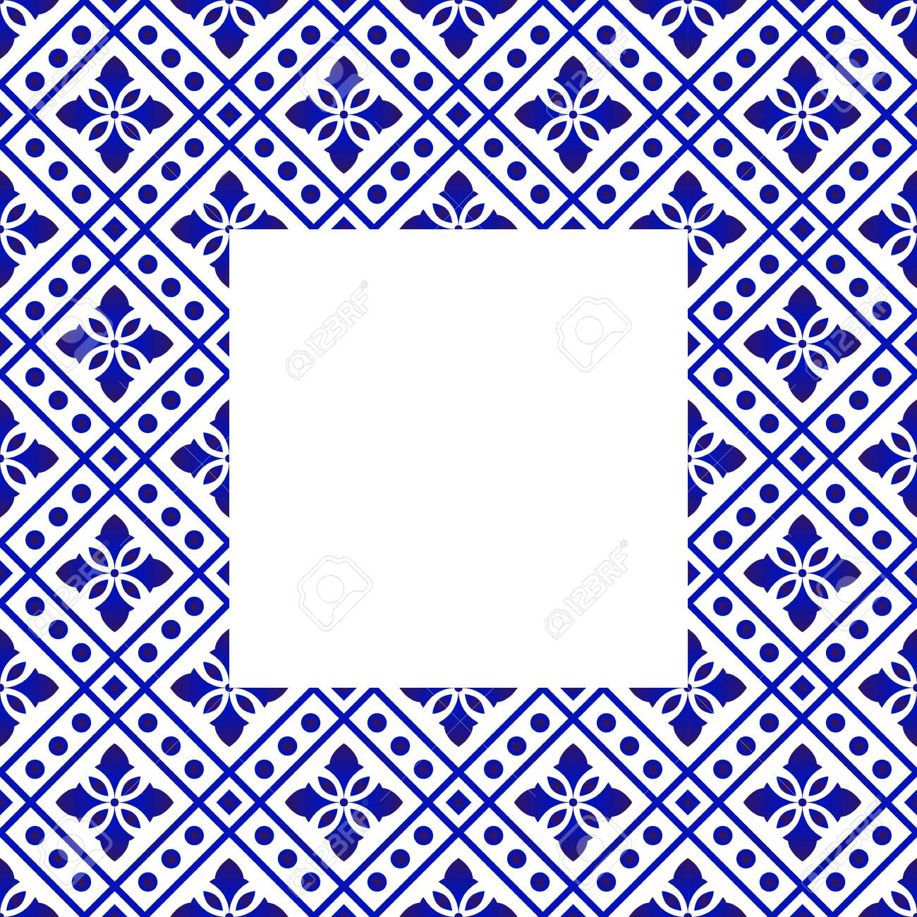 紺色の花を持つ正方形のパターン 招待状 グリーティングカード 磁器インディゴ装飾アートフレーム 美しいセラミック装飾の境界線 インディゴバティックフレーム ベクトルイラスト のイラスト素材 ベクタ Image