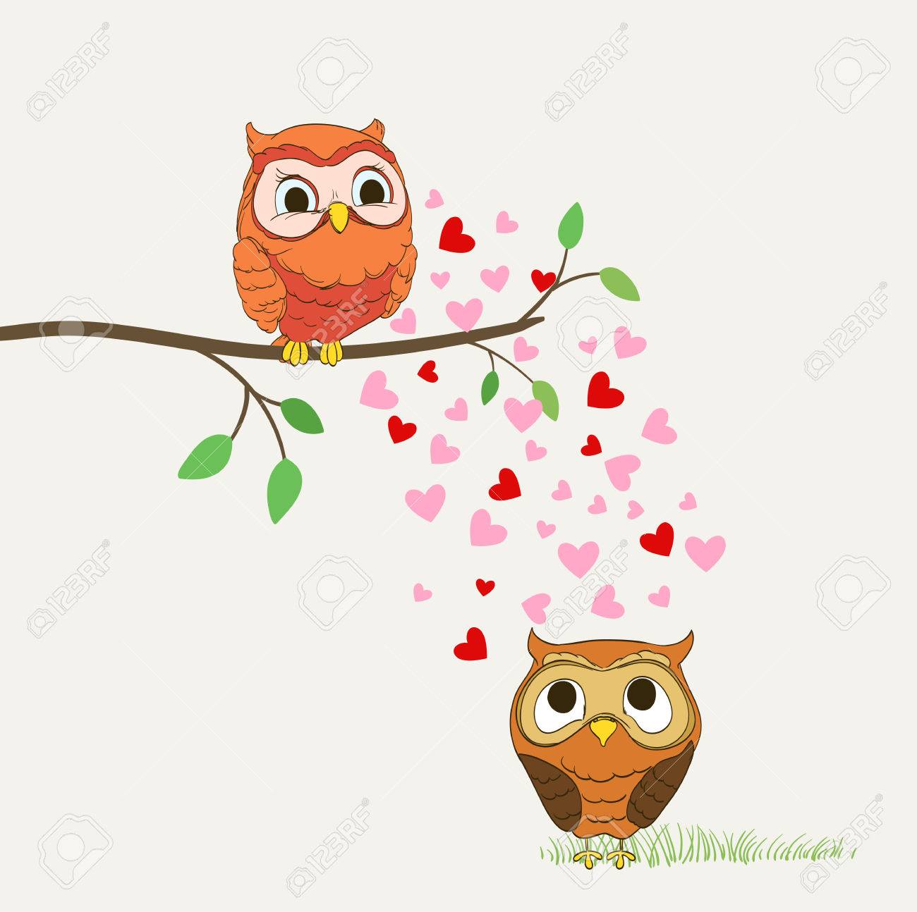 Cute Owls In Love Cartoon Illustration Vector Royalty Free