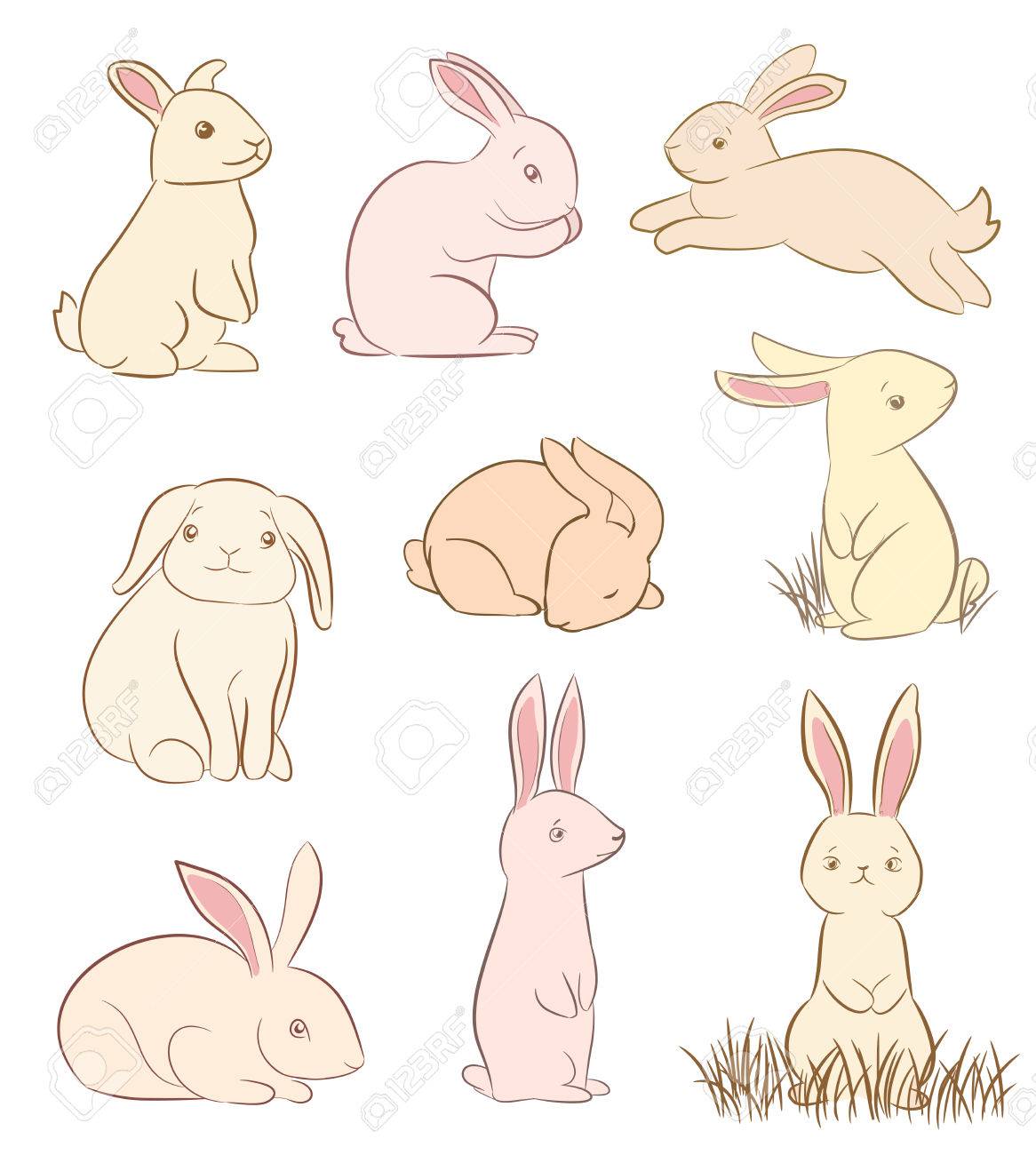 Set Of Cute Rabbit Drawings On White. Royalty Free SVG, Cliparts ...