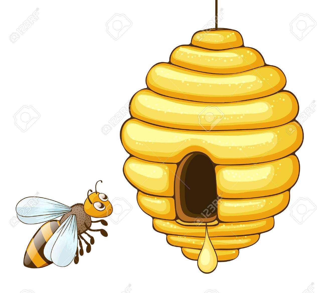 bee flying and beehive with honey drop vector illustration royalty