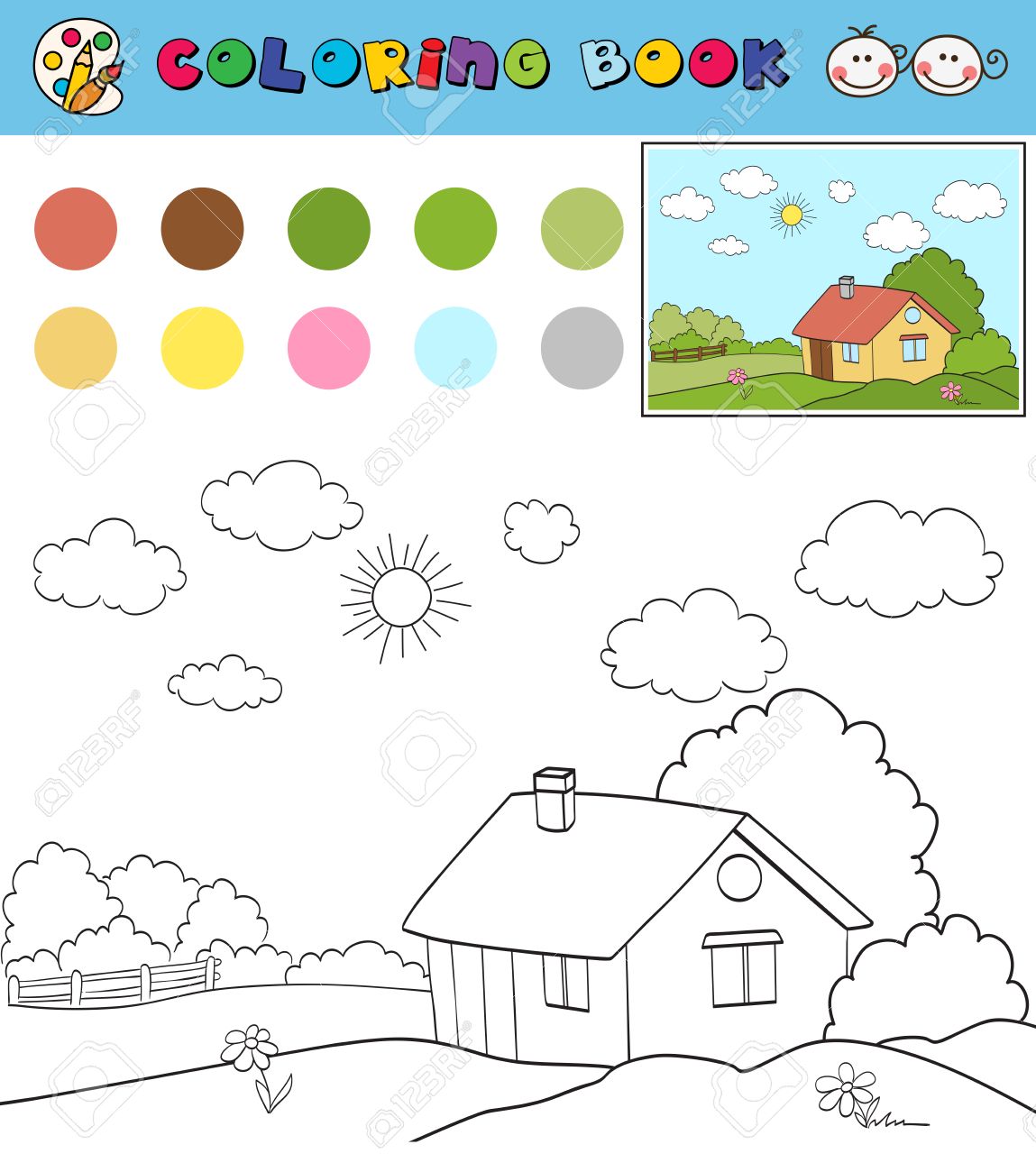 Plantilla De Página De Libro Para Colorear Con La Casa En El Campo Del  Paisaje, Muestras De Color. Illustraton Vector Ilustraciones svg,  vectoriales, clip art vectorizado libre de derechos. Image 61099153