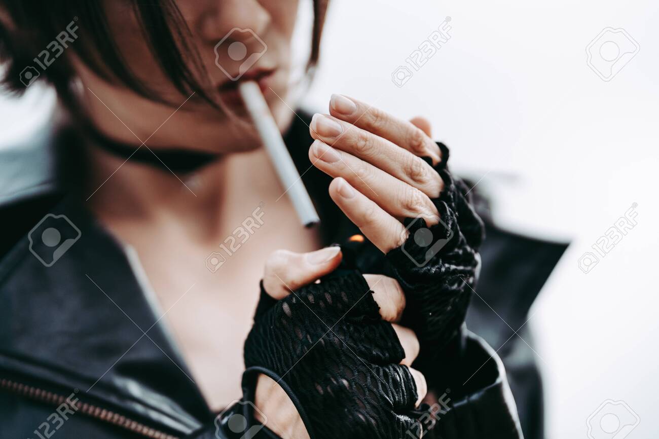 Smoking In Long Leather Gloves Smoking In Long Leather Gloves