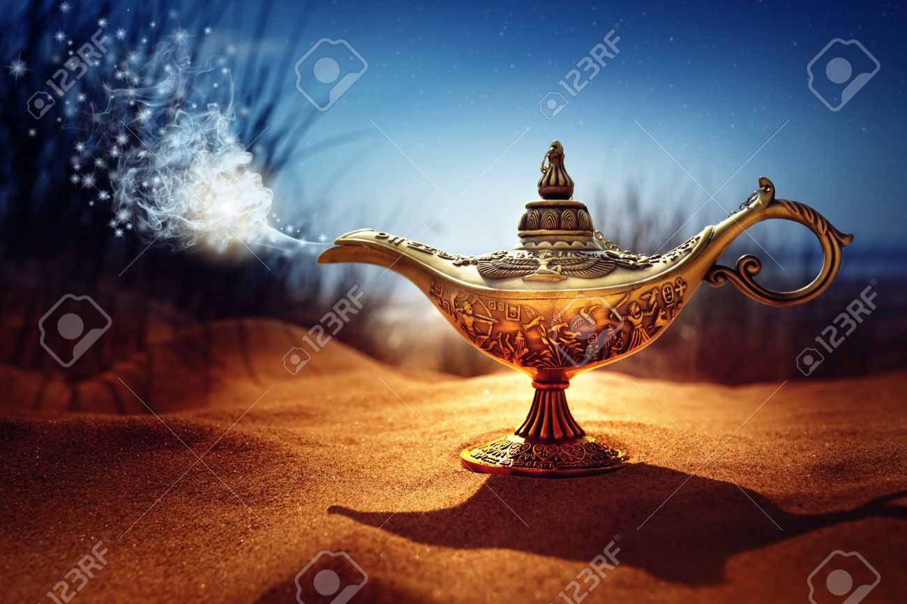 Magic lamp in the desert from the story of Aladdin with Genie appearing in blue smoke concept for wishing, luck and magic - 59291501 Magic lamp in the desert from the story of Aladdin with Genie appearing in blue smoke concept for wishing, luck and magic - 59291501