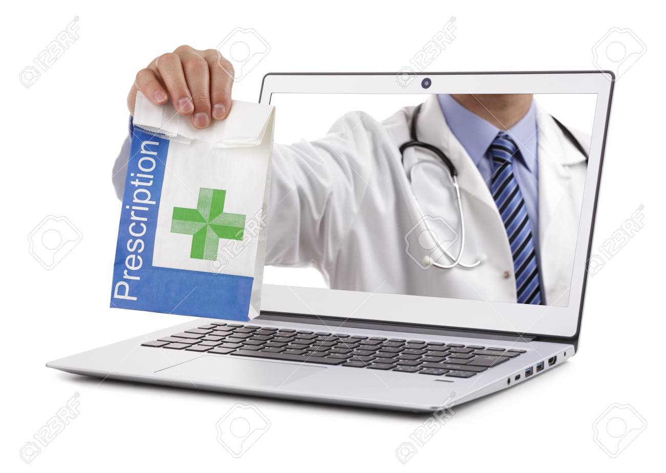 Internet Drug Store Concept Doctor Holding Prescription Medicine - 