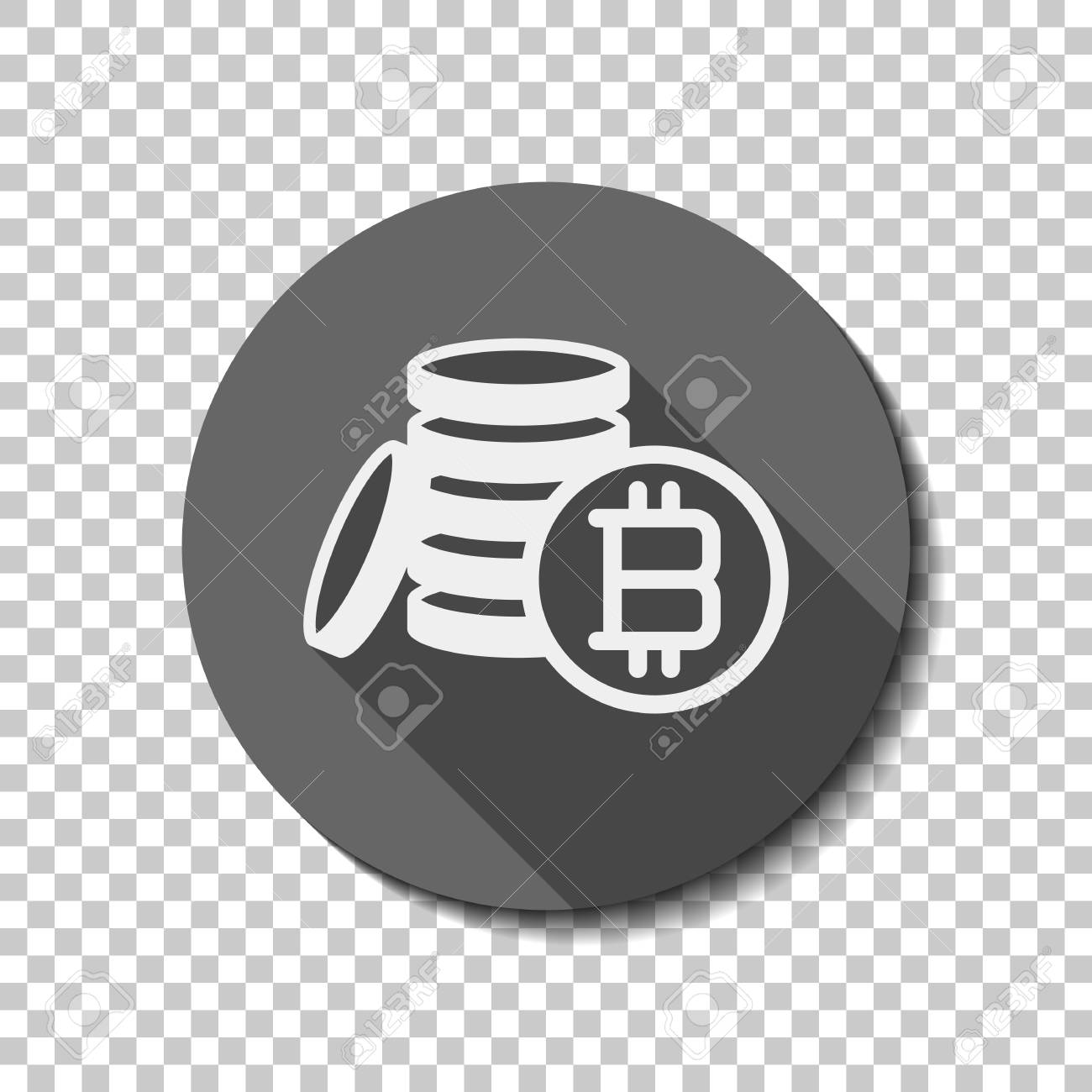 お金のビットコイン シンプルなシルエット 透明な背景に円の長い影を持つ白いフラットアイコンのイラスト素材 ベクタ Image