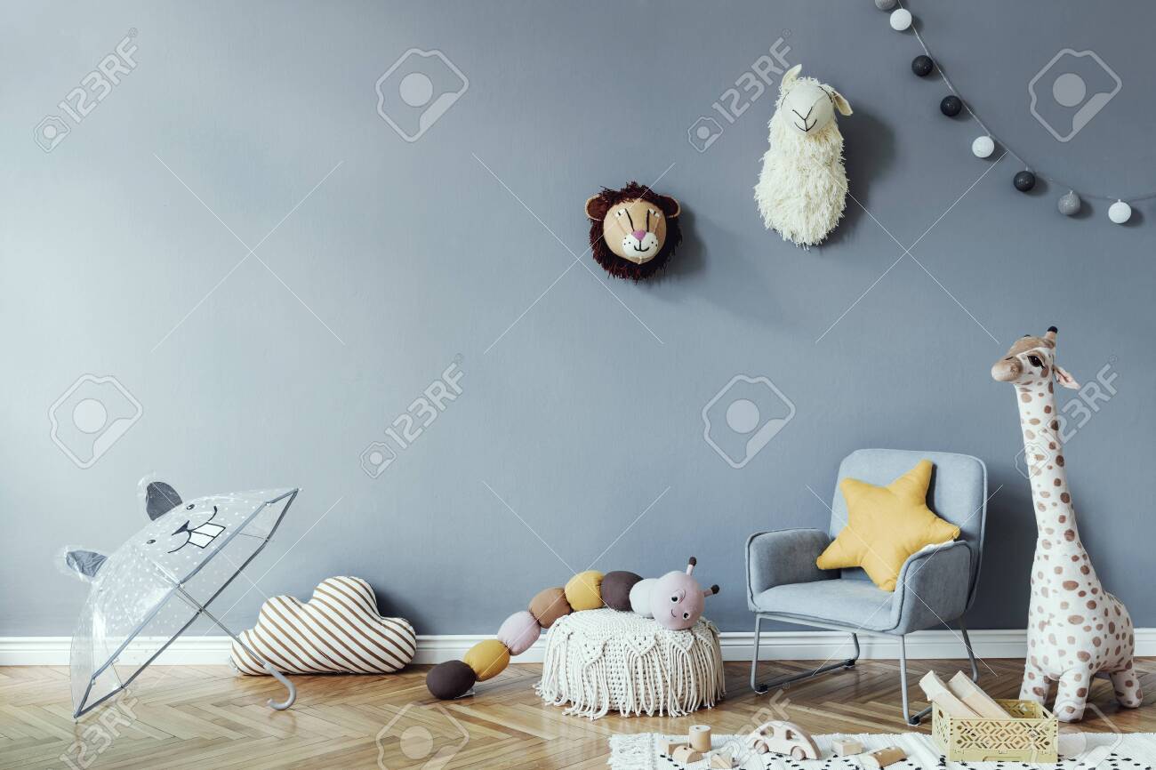 Stylish scandinavian newborn baby room with wooden cabinet, toys, children's chair, natural basket Modern interior with eucalyptus background walls, wooden parquet and cottona balls. Home decor. - 149636546 Stylish scandinavian newborn baby room with wooden cabinet, toys, children's chair, natural basket Modern interior with eucalyptus background walls, wooden parquet and cottona balls. Home decor. - 149636546
