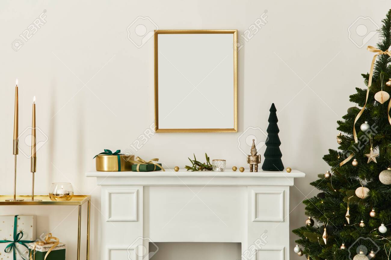 Download Christmas Composition With Gold Mock Up Poster Frame White Chimney Stock Photo Picture And Royalty Free Image Image 158282466