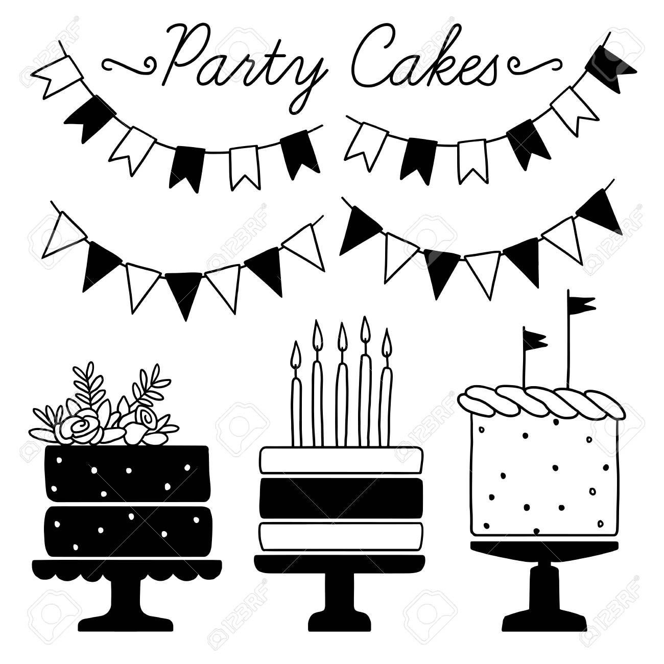 Set Von Vektor Schwarz Weiss Elemente Fur Die Partei Und Geburtstag Isoliert Auf Weissem Hintergrund Vector Cute Elemente Fur Die Partei Hochzeit Geburtstag Postkarten Einladungen Und Andere Lizenzfrei Nutzbare Vektorgrafiken Clip Arts