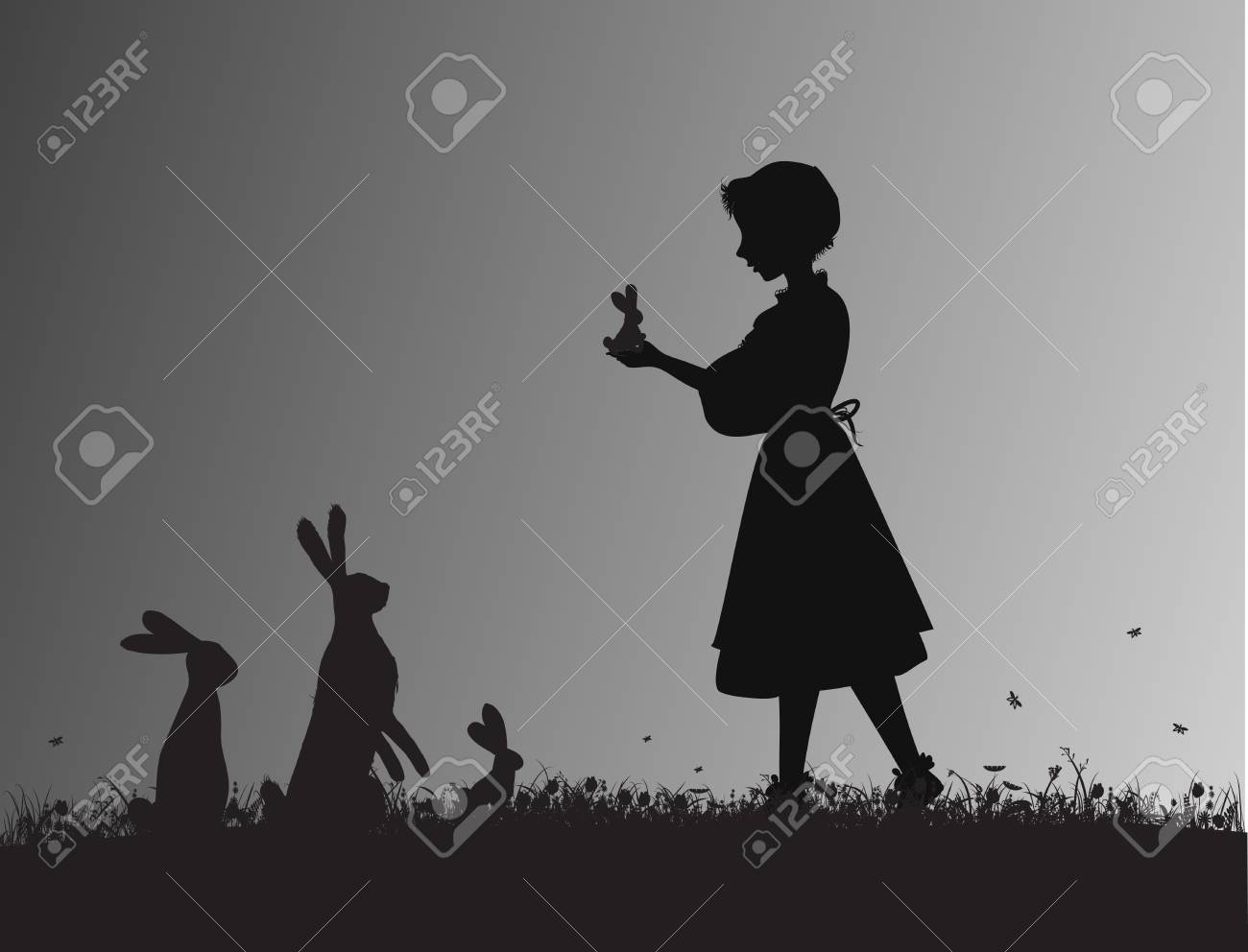 黒と白の開花草原に小さなウサギやウサギのウサギを保持している女の子 シルエット動物家族 影 アリス S フレンズ のイラスト素材 ベクタ Image