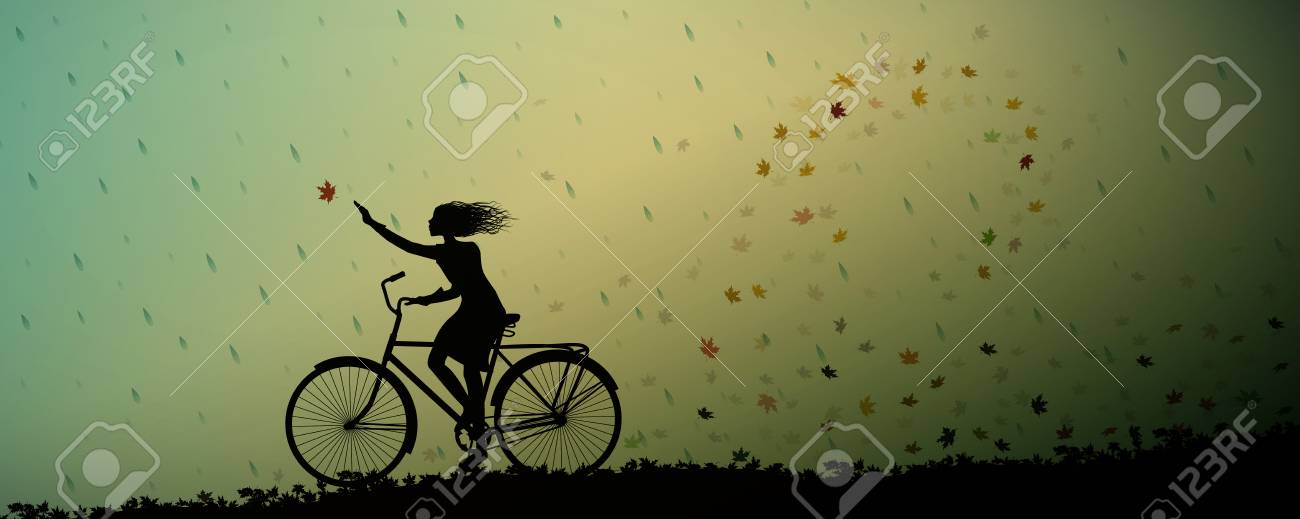 秋の雨 女の子と自転車と秋葉旋回と雨 Starteのイラスト素材 ベクタ