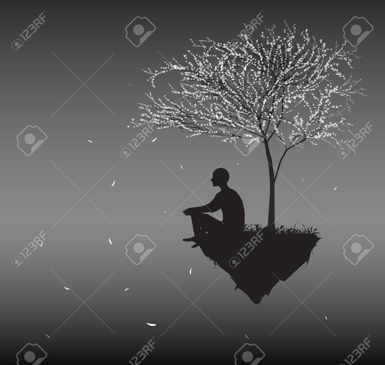 人間は 落ちる桜の白い葉を見て飛ぶ岩の上に座り 人間の生活の感覚 夢の土地の人々のシルエットについて考えます のイラスト素材 ベクタ Image