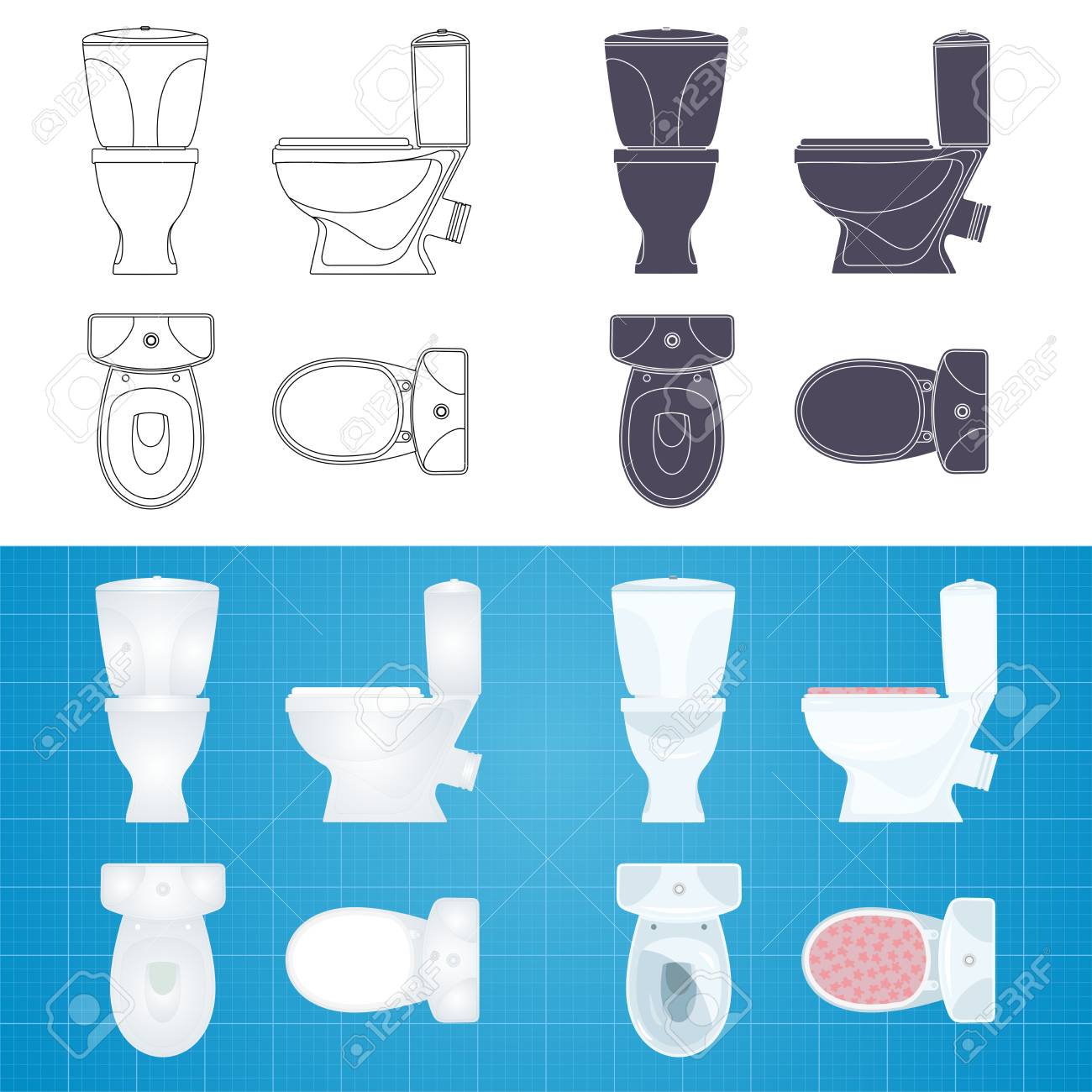 Toilet Bowl Silhouette. Front, Side And Top View Royalty Free SVG,  Cliparts, Vectors, and Stock Illustration. Image 78494819., image size:1300x1300