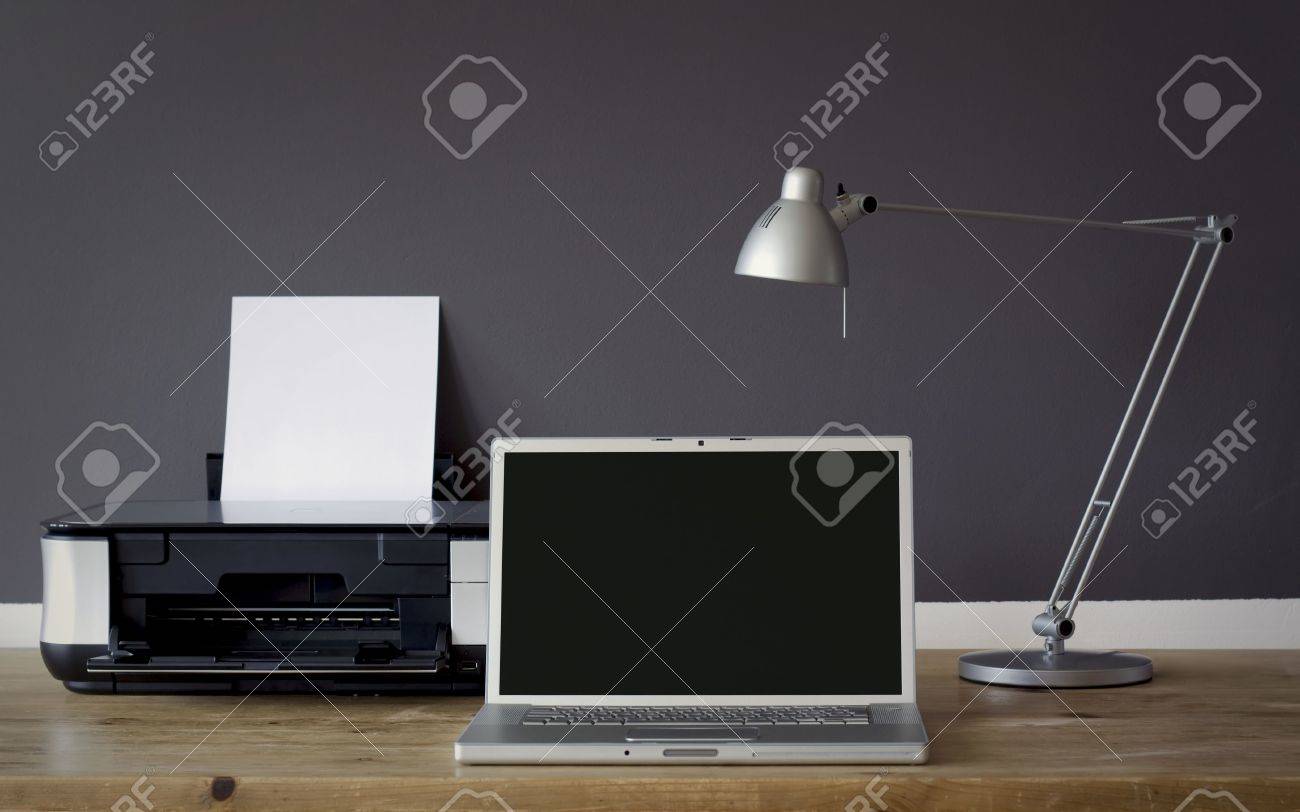 Frontal Home Office Desk With Laptop And Printer