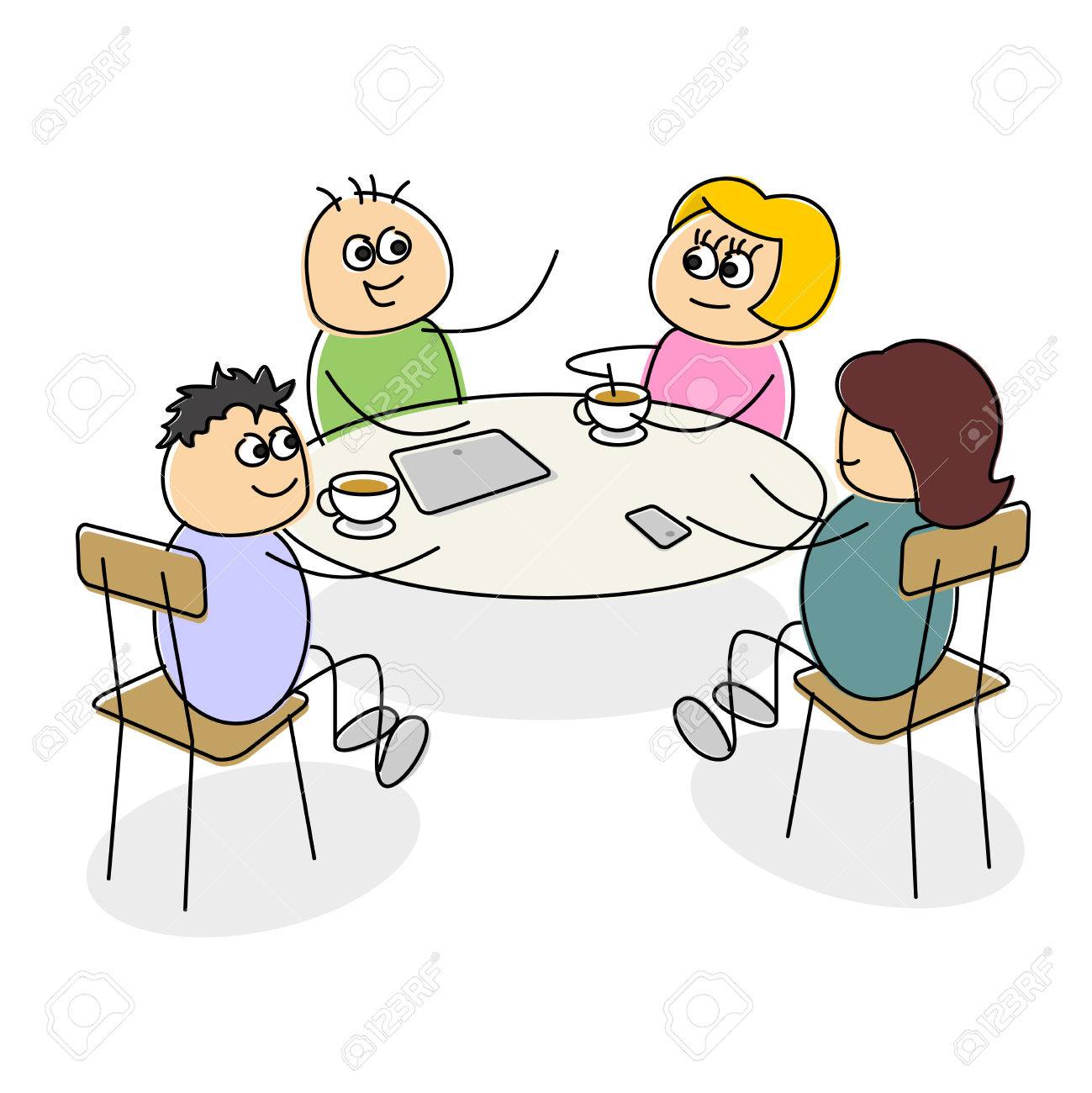 cartoon business meeting having coffee at a table as they smile