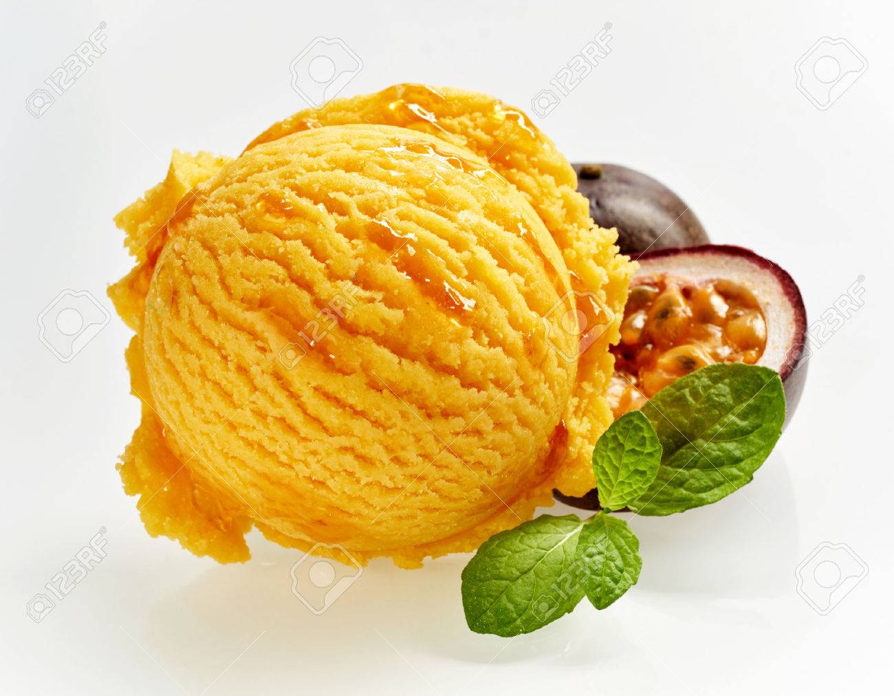 gourmet scoop of colorful orange granadilla ice cream with a stock