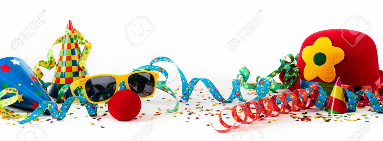 Party or carnival banner with fancy dress accessories and colorful decorations with hats, streamers and confetti in a colorful still life on white - 88255911 Party or carnival banner with fancy dress accessories and colorful decorations with hats, streamers and confetti in a colorful still life on white - 88255911