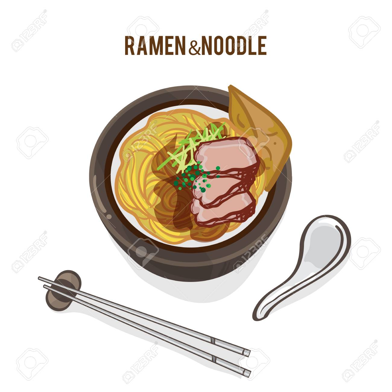 食品コンセプト 豚肉 箸 スプーンのデザインが入ったラーメンをクリップアートのイラストで のイラスト素材 ベクタ Image