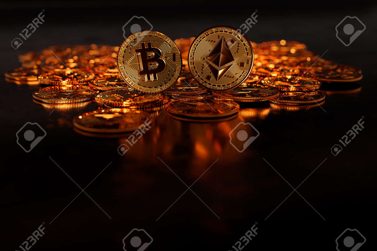 金属イーサリアムとビットコインの暗号通貨コインのクローズアップの3Dレンダリング、電子分散型マネーコンセプト、将来の支払い経済市場、ゴールドコインの写真素材・画像素材  Image 182034540